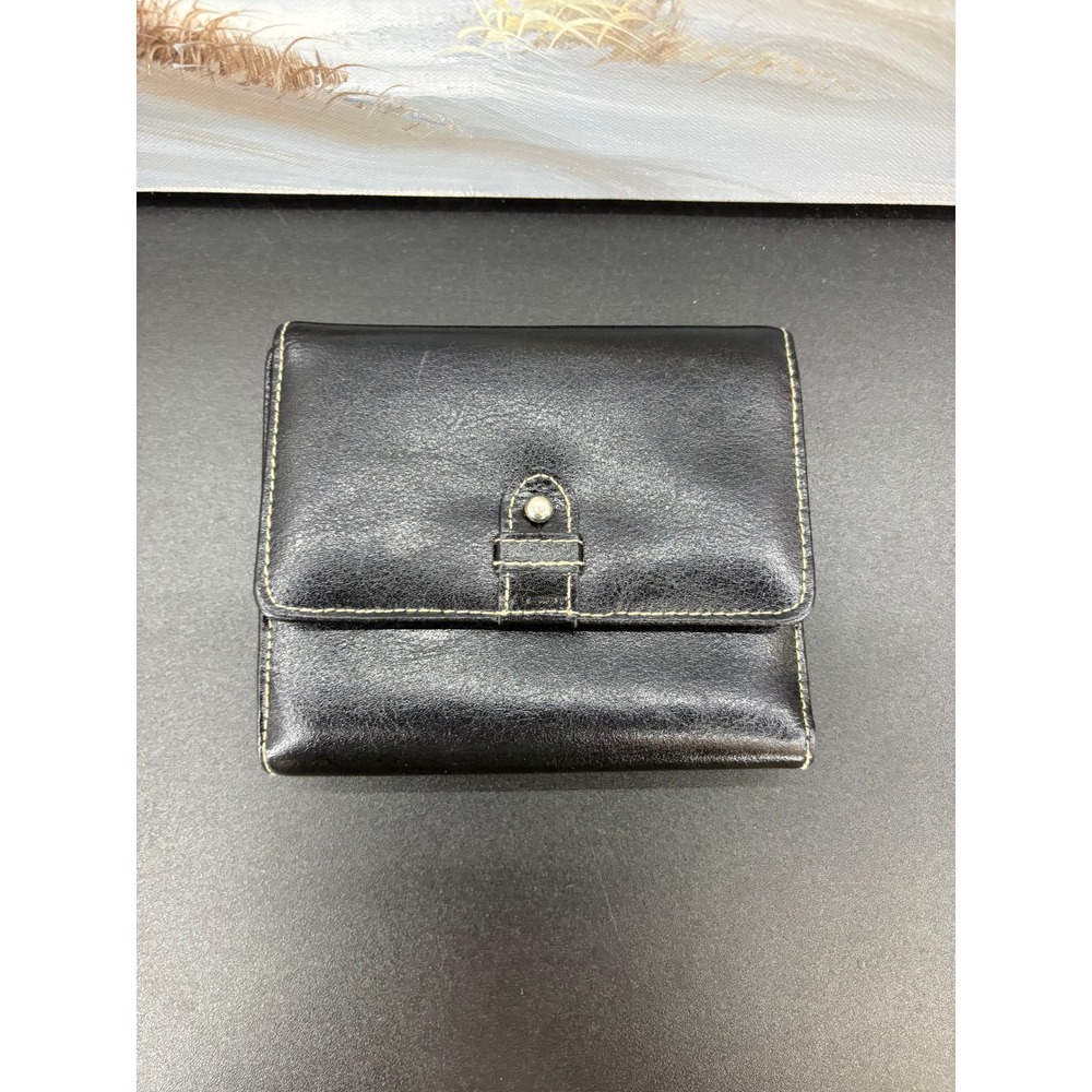 Buxton Black Leather Trifold Wallet Kiss Lock Coin Purse Vintage Style Snap